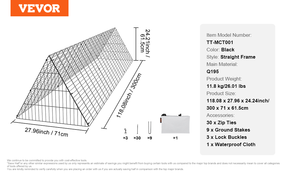 VEVOR Kippentunnels, 599,9 X 400,1 61,5 Cm  LxBxH  Kippentunnels Voor Tuin Draagbare Buiten Met Hoekframes 2 Sets Geschikt Kippen Eenden Konijnen 652853599