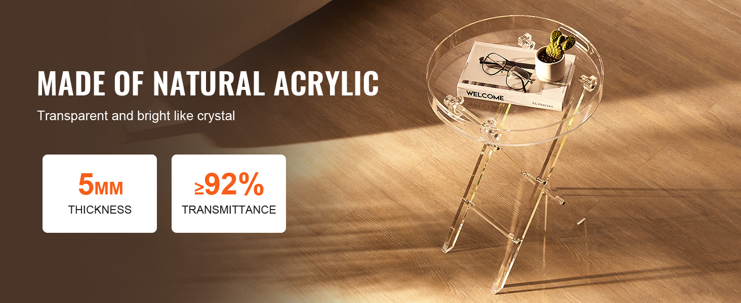 VEVOR Acrylic Folding Tray Table, Acrylic End Table with Folding X Leg, Clear Acrylic Side Table for Coffee, Drink, Food, Snack used in Living Room, Bedroom, and Study