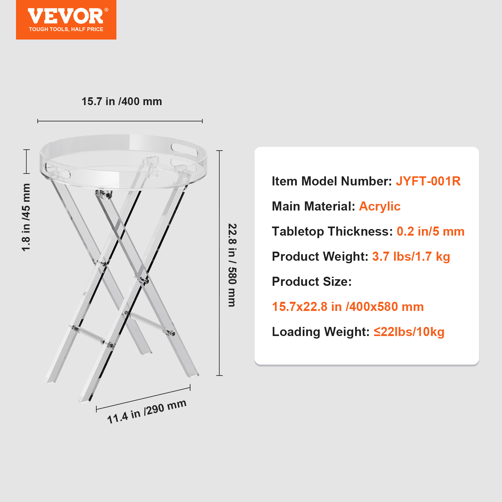 VEVOR Acrylic Folding Tray Table Acrylic End Table Folding X-Leg for Living Room