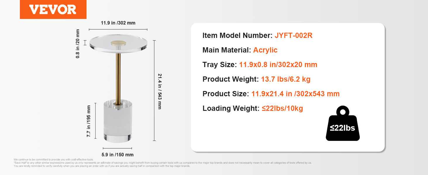 Koncový stolek VEVOR z průhledného akrylátu, akrylový boční stolek s pevnou základnou, 11,9 x 11,9 palce kulatý stůl, výška 21,4 palce, na kávu, pití, jídlo, občerstvení používané v obývacím pokoji, ložnici a pracovně
