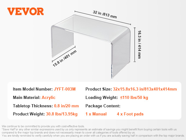 VEVOR Acrylic Coffee Table, C-Shaped Clear Acrylic End Table, 16.3 inch high Transparent Acrylic Side Table, for Coffee, Drink, Food, Snack used in Living Room, Courtyard, Terrace