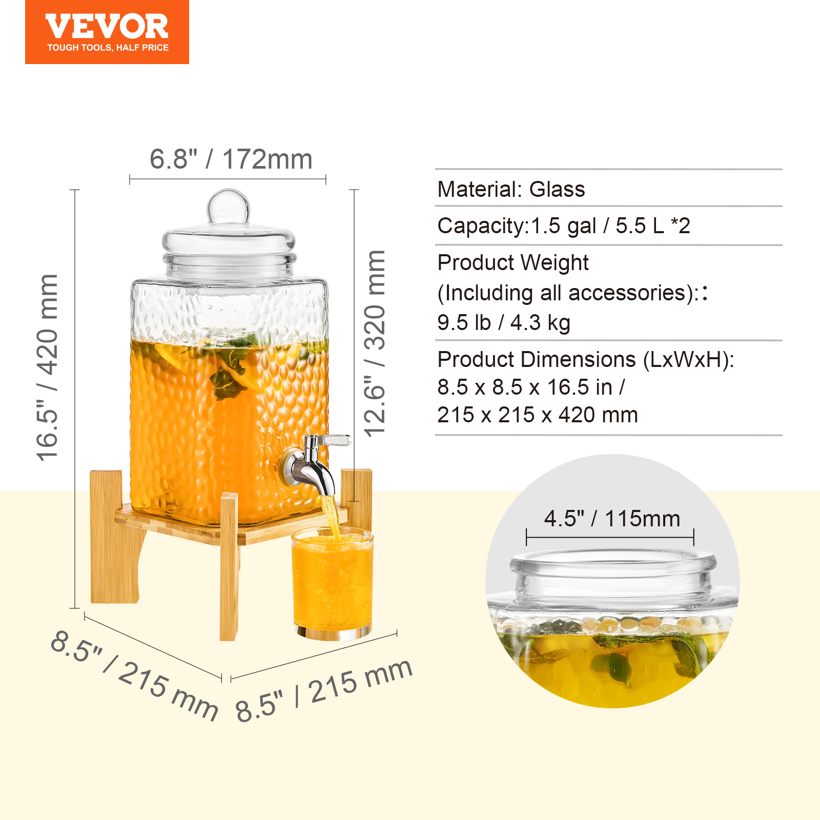 VEVOR Getränkespender 5,5-19L Wasserspender Partys Glas/Kunststoff Saftdispenser - Bild 55 von 144