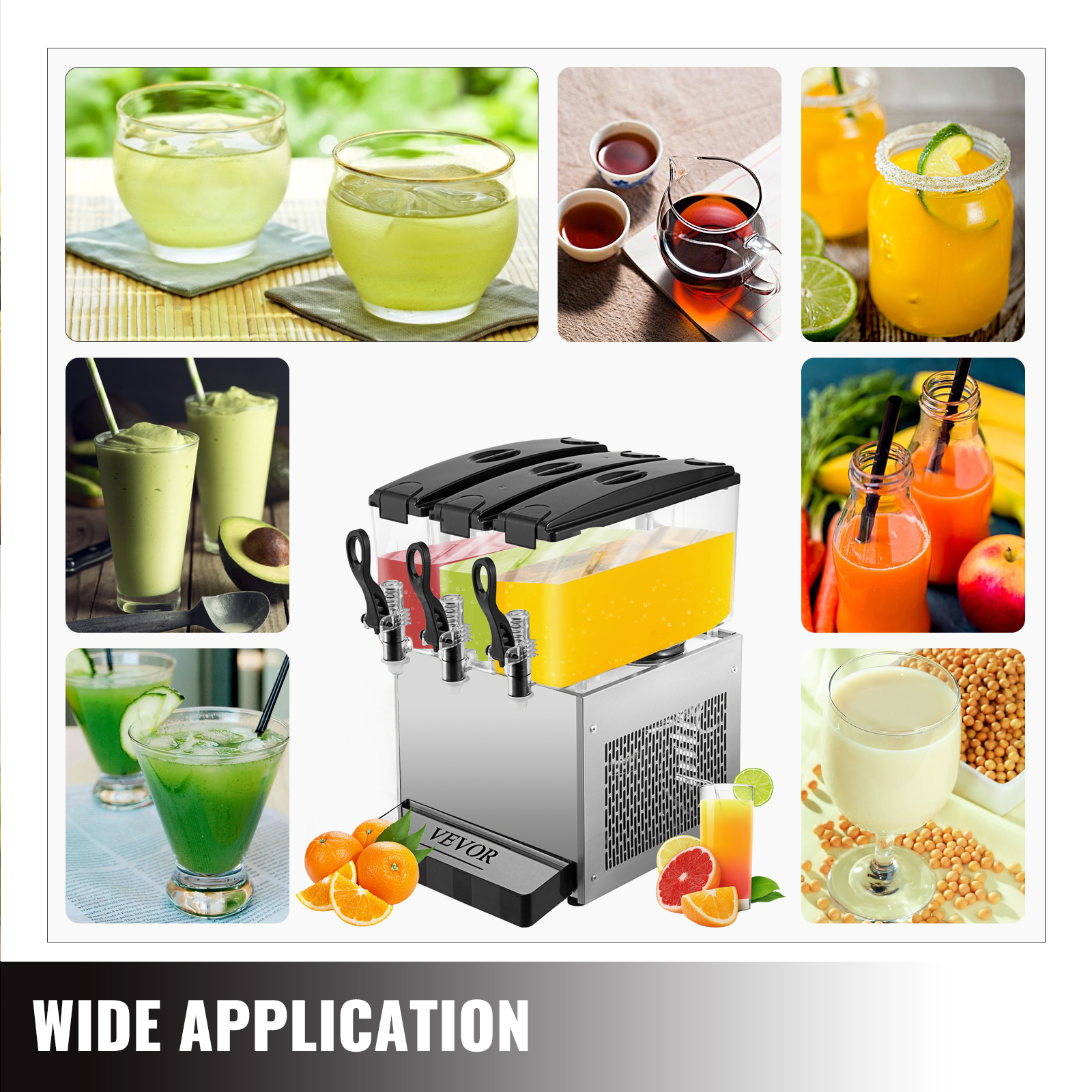 VEVOR Commercial Beverage Dispenser 13.6 qt 12L 3 Tanks Ice Tea Drink Machine 620W 304 Stainless Steel Juice Dispenser with 41°F-53.6°F Thermostat