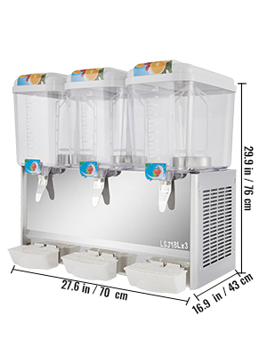 VEVOR Commercial Beverage Dispenser 14.25 gallon 54L 3 Tanks,Ice Tea Drink  Machine 18 liter Per Tank 350W,Stainless Steel Food Grade Material