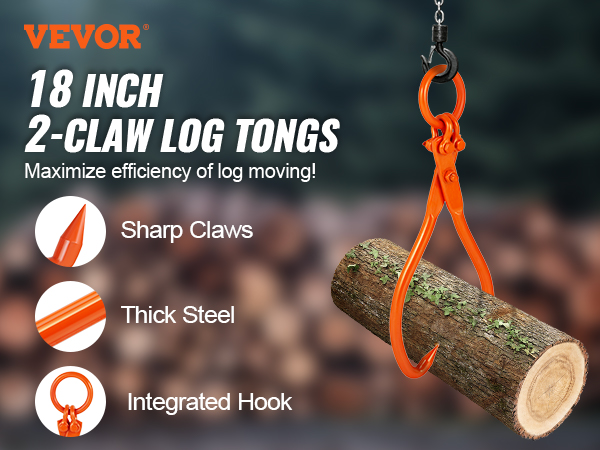 VEVOR Log Skidding Tongs, 18 inch 2 Claw Log Lifting Tongs, Heavy Duty Steel  Lumber Skidding Tongs, 772 lbs/350 kg Loading Capacity, Log Lifting,  Handling, Dragging & Carrying Tool