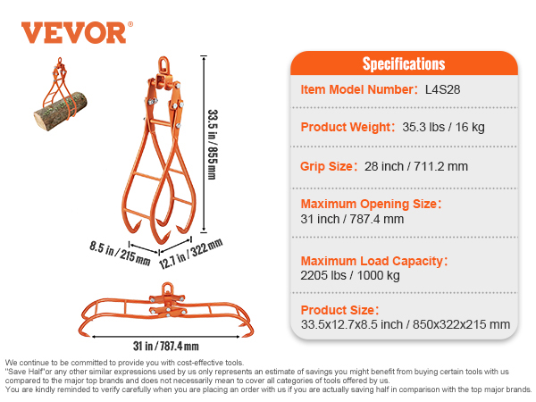 VEVOR Timber Claw Hook, 28 inch 4 Claw Log Grapple for Logging Tongs,  Swivel Steel Log Lifting Tongs, Eagle Claws Design with 2205 lbs/1000 kg  Loading Capacity for Tractors, ATVs, Trucks, Forklifts