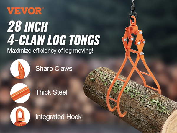 VEVOR Timber Claw Hook, 28 inch 4 Claw Log Grapple for Logging Tongs,  Swivel Steel Log Lifting Tongs, Eagle Claws Design with 2205 lbs/1000 kg  Loading Capacity for Tractors, ATVs, Trucks, Forklifts