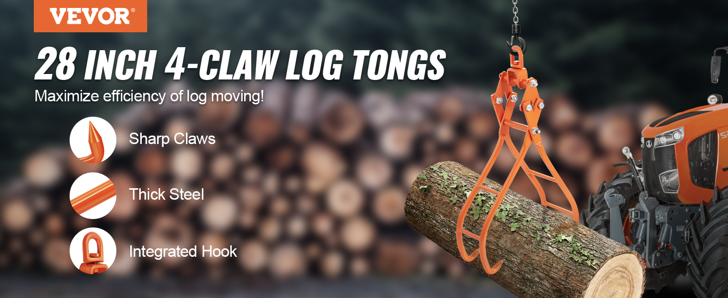  Timber Claw Hook, 32 in - Swivel Log Lifting Tongs