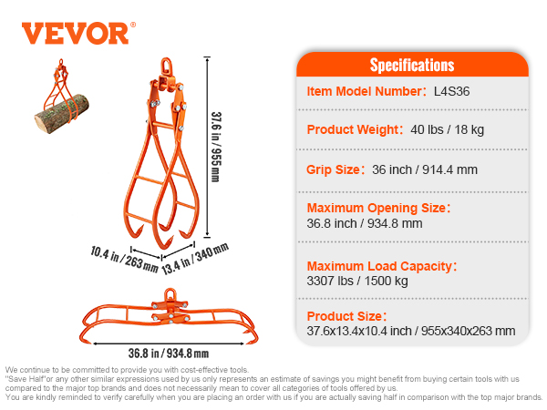 VEVOR Timber Claw Hook, 36 inch 4 Claw Log Grapple for Logging Tongs,  Swivel Steel Log Lifting Tongs, Eagle Claws Design with 3307 lbs/1500 kg  Loading