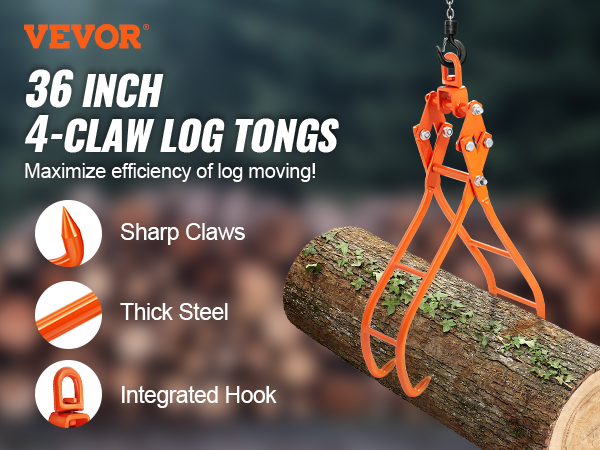 VEVOR Timber Claw Hook, 36 inch 4 Claw Log Grapple for Logging Tongs,  Swivel Steel Log Lifting Tongs, Eagle Claws Design with 3307 lbs/1500 kg  Loading Capacity for Tractors, ATVs, Trucks, Forklifts