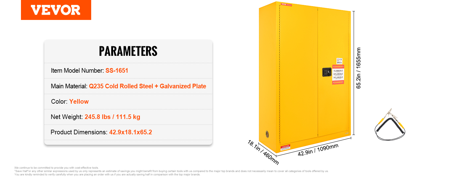 VEVOR hořlavá bezpečnostní skříň, 45 Gal, za studena válcovaná ocelová skříň na hořlavé kapaliny, 42,9 x 18,1 x 65,2 palce odolná proti výbuchu se 2 nastavitelnými policemi 2 manuální dvířka pro průmyslové použití, žlutá