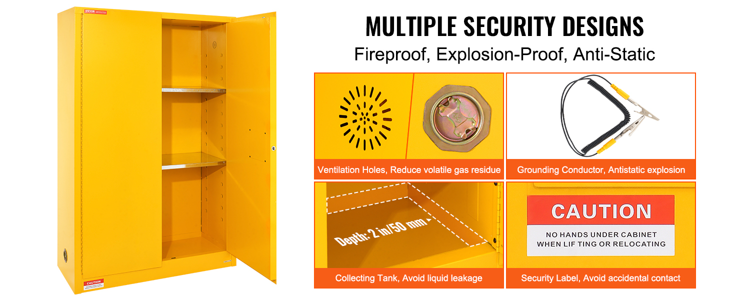 VEVOR tűzveszélyes folyadékok biztonsági szekrénye, 45 gal hidegen hengerelt acél gyúlékony folyadék tároló szekrény, 42,9 x 18,1 x 65,2 hüvelyk, robbanásbiztos, 2 állítható polccal
