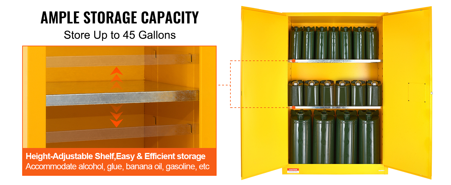 VEVOR tűzveszélyes folyadékok biztonsági szekrénye, 45 gal hidegen hengerelt acél gyúlékony folyadék tároló szekrény, 42,9 x 18,1 x 65,2 hüvelyk, robbanásbiztos, 2 állítható polccal