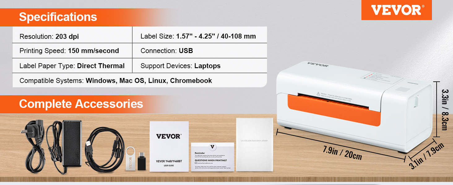 VEVOR Imprimante d'étiquettes Thermique Direct 4x6 Code Barre USB