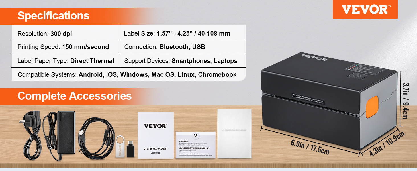 VEVOR Imprimante d'Étiquettes Thermique 4x6 USB/Bluetooth 300 dpi avec  Détection Auto des Étiquettes //UPS Prise Charge  Windows/Android/IOS