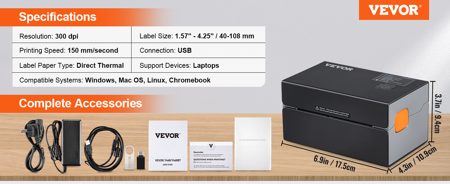 VEVOR Imprimante d'étiquettes Thermique Direct 4x6 Code à Barres USB Haute  Vitesse 150 mm/s 203 dpi pour Colis Expédition Compatible avec  ///UPS Prise en Charge Windows/MacOS/Linux Gris