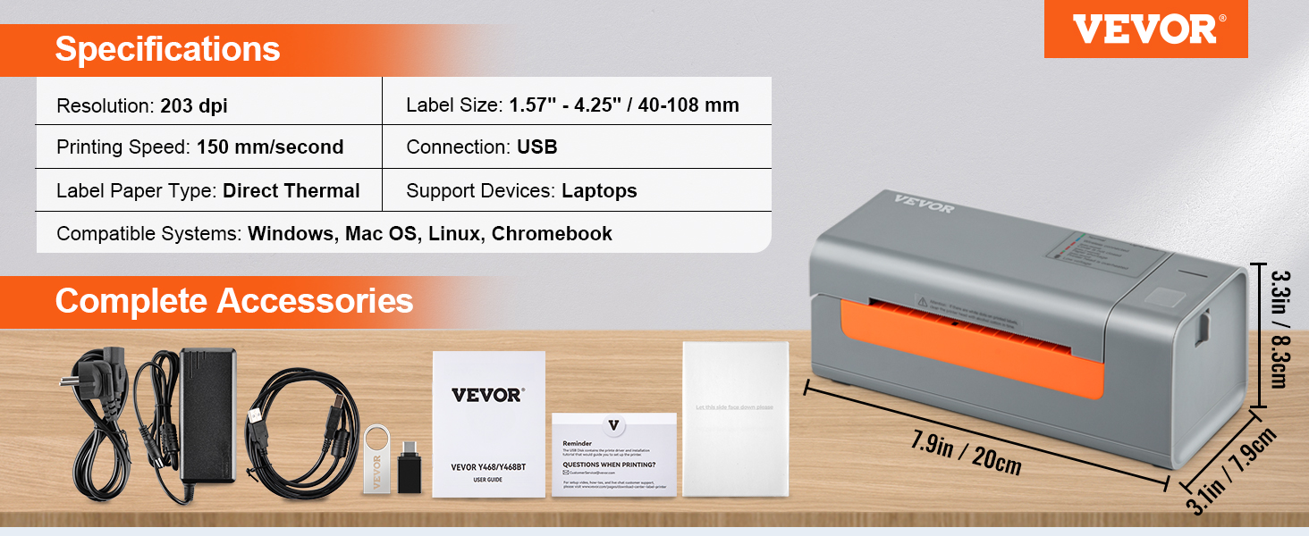 VEVOR Imprimante Etiquettes Thermique Direct 4x6 Code Barre USB Bluetooth  150 mm/s 300 dpi pour Colis Expedition Compatible ///UPS  Prise Charge Windows/MacOS/Linux/Android/IOS/Chromebook