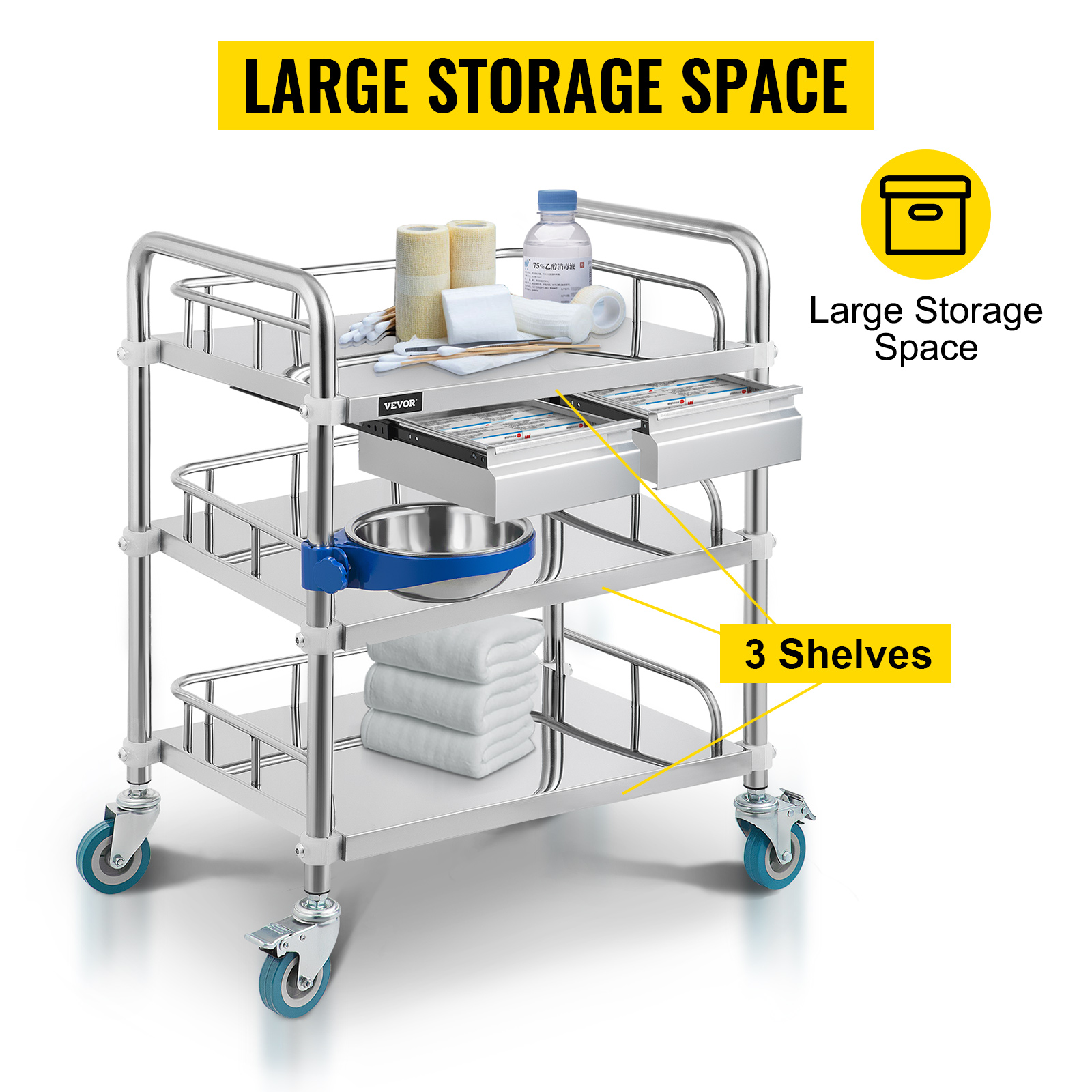 VEVOR Lab Cart 3 Layers Double Drawers Medical Cart with Wheels 1