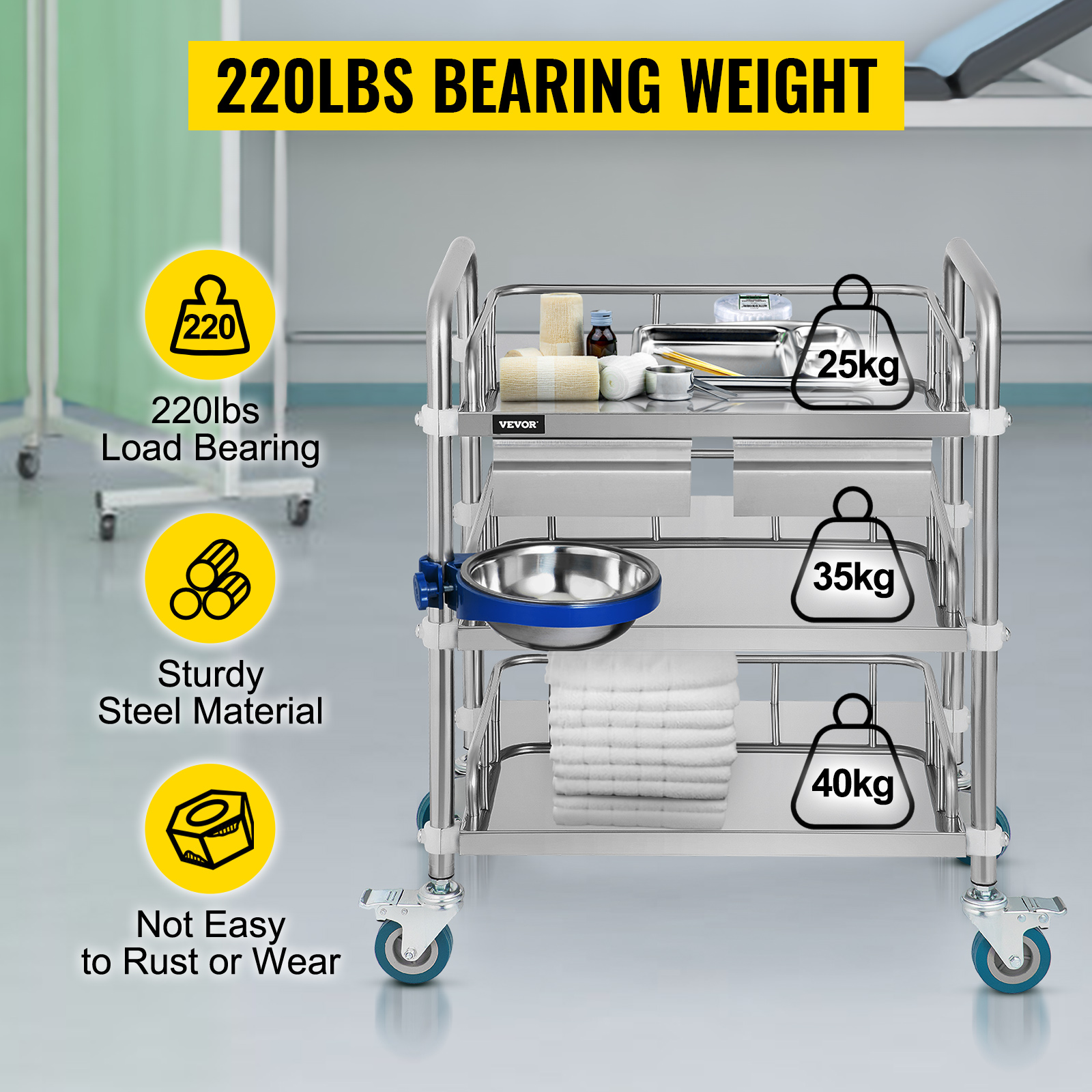 VEVOR Lab Cart 3 Layers Double Drawers Medical Cart with Wheels 1 Refuse Basin Stainless Steel Cart Service Cart for Laboratory, Hospital, Dental, Restaurant Hotel and Home Use (Medium)