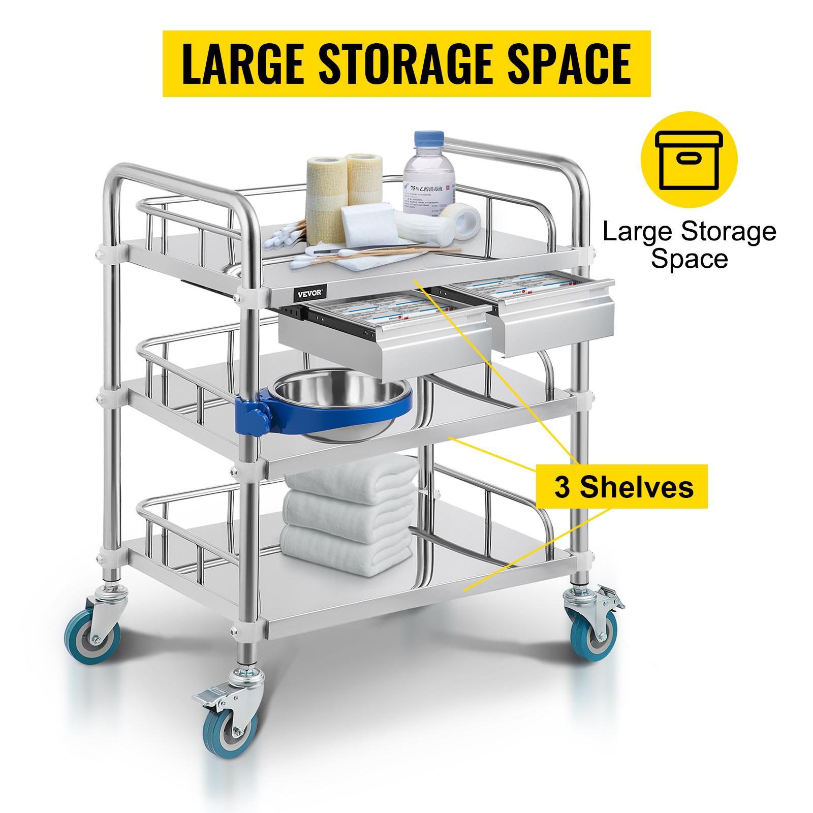 VEVOR Lab Cart 3 Layers Double Drawers Medical Cart with Wheels 1 Refuse Basin Stainless Steel Cart Service Cart for Laboratory, Hospital, Dental, Restaurant Hotel and Home Use (Medium)