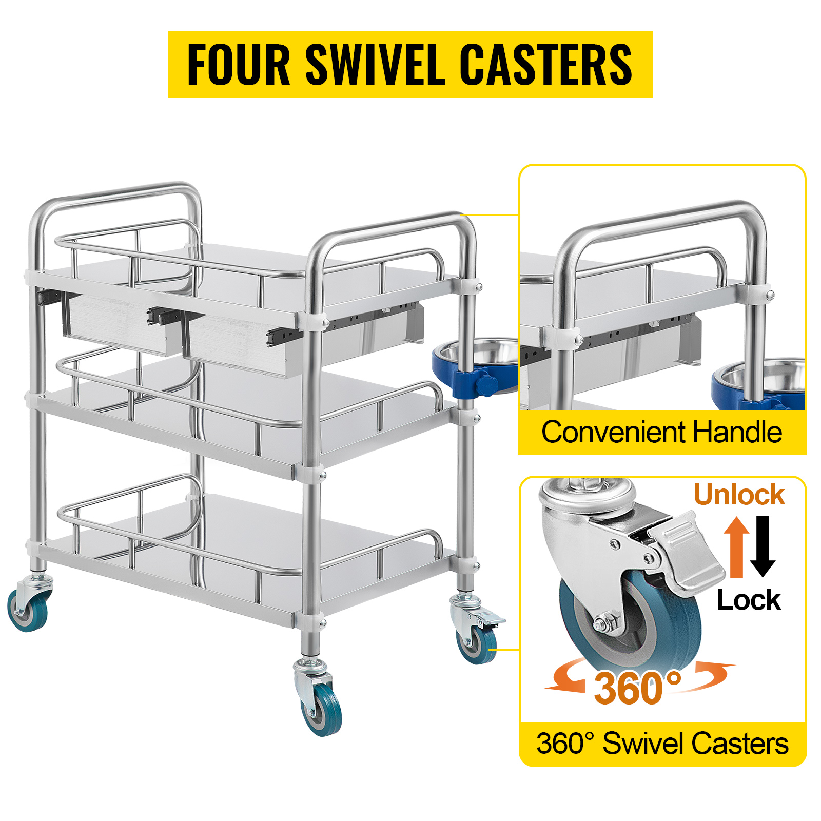 VEVOR Lab Cart 3 Layers Double Drawers Medical Cart with Wheels 1 Refuse Basin Stainless Steel Cart Service Cart for Laboratory, Hospital, Dental, Restaurant Hotel and Home Use (Medium)