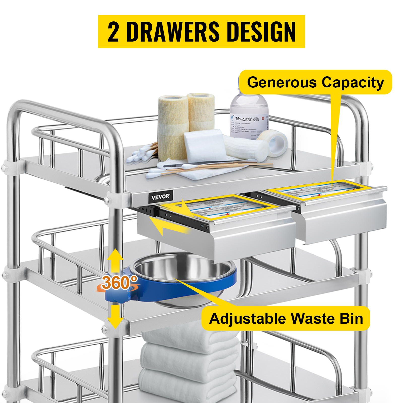 VEVOR Lab Cart 3 Layers Double Drawers Medical Cart with Wheels 1 Refuse Basin Stainless Steel Cart Service Cart for Laboratory, Hospital, Dental, Restaurant Hotel and Home Use (Medium)