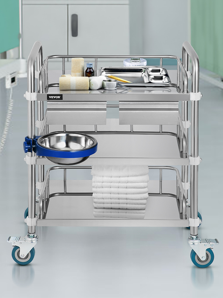 VEVOR Lab Cart 3 Layers Double Drawers Medical Cart with Wheels 1 Refuse Basin Stainless Steel Cart Service Cart for Laboratory, Hospital, Dental, Restaurant Hotel and Home Use (Medium)