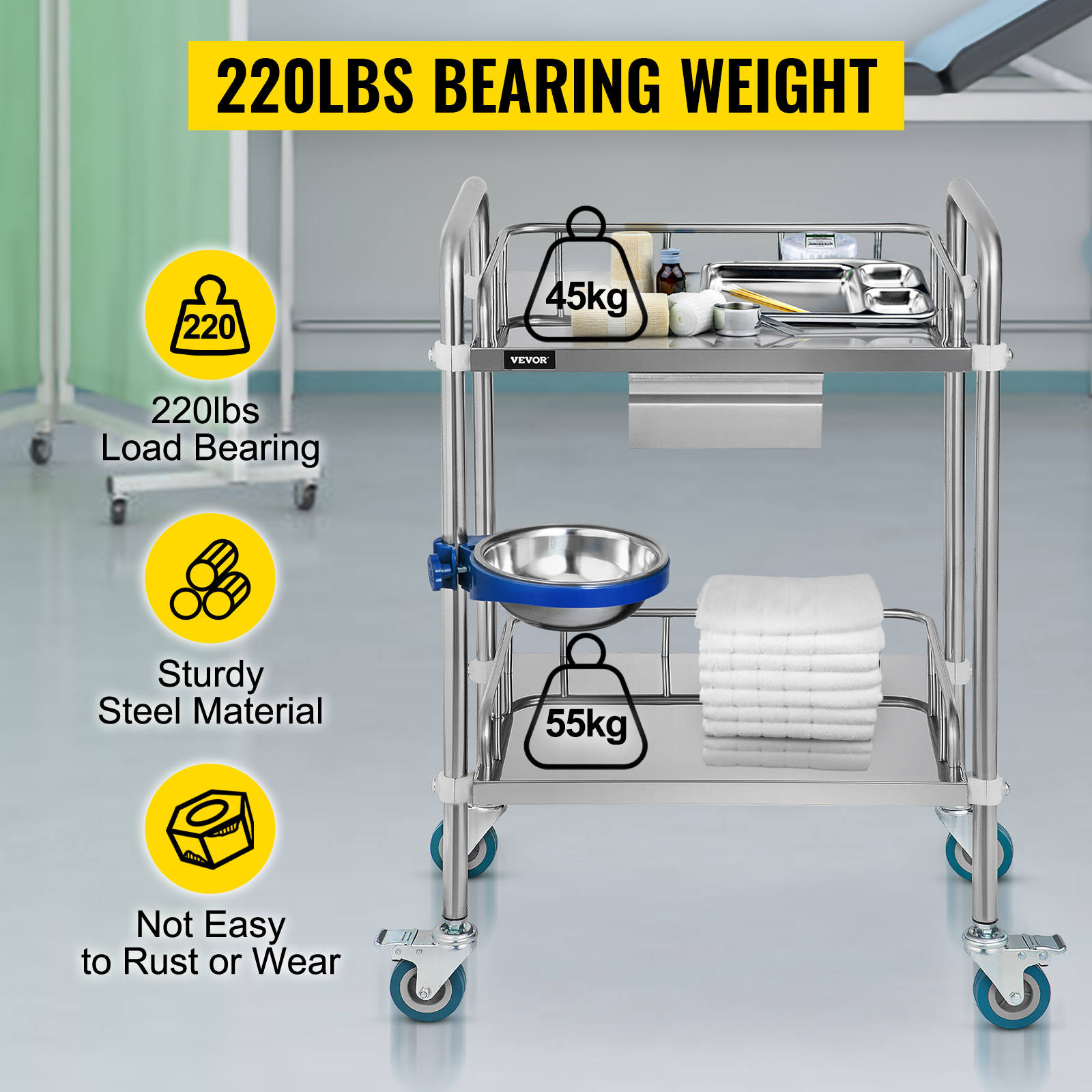VEVOR Lab Cart 2 Layers Dental Cart with 1 Drawer Stainless Steel Cart