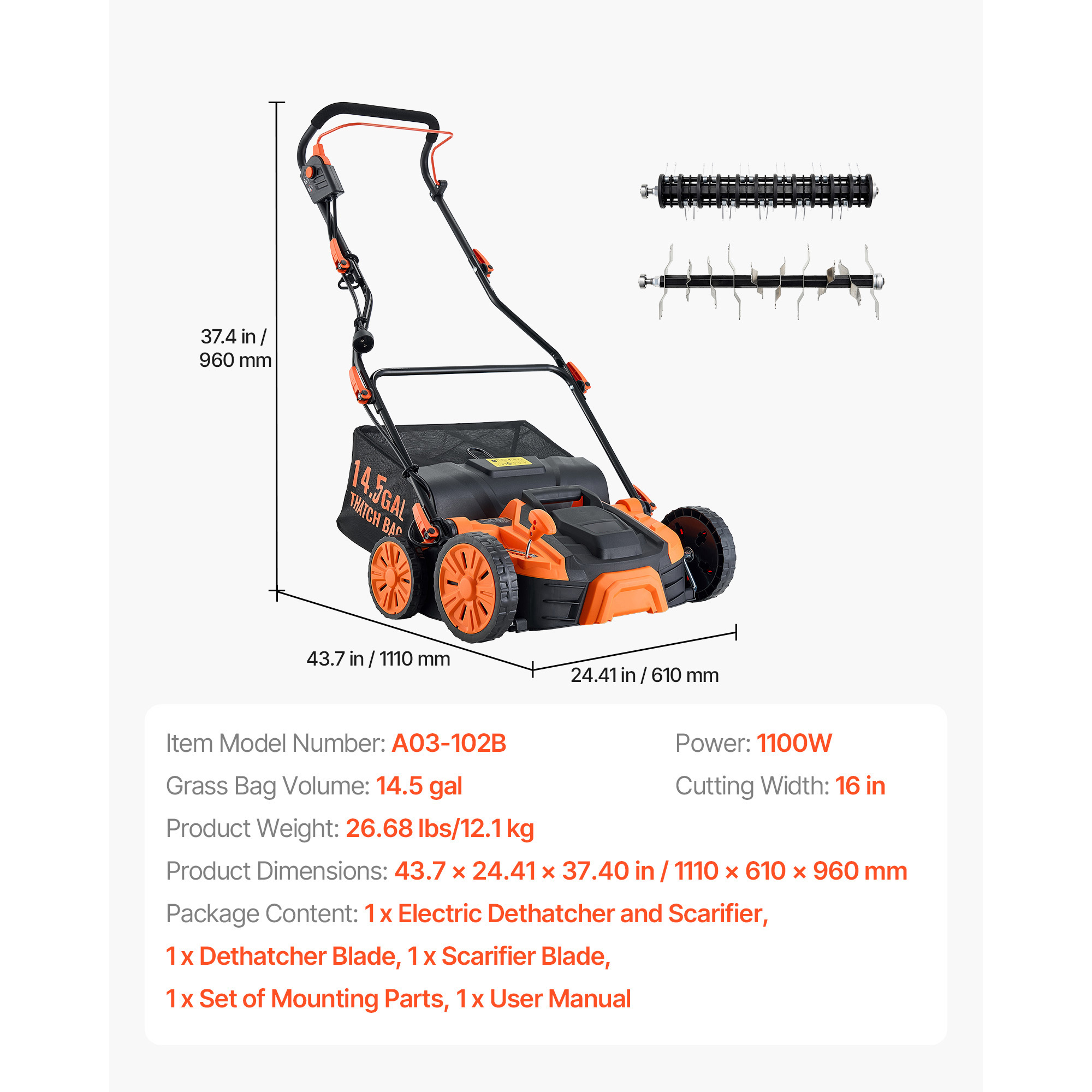 VEVOR 2-in-1 Electric Dethatcher and Scarifier Lawn Dethatcher 13/16-In 13/15Amp