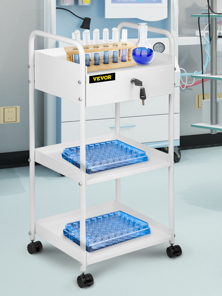 VEVOR Lab Cart, 3 Tiers Lab Trolley, Steel Lab Utility Cart, 360