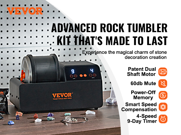 VEVOR 3LB Rock Tumbler Kit, Direct Drive Professional Rock Tumbler,  4-Speed/9-Day-Timer, Rock Polisher with Rough Gemstones/Grits/Jewelry  Fastenings, Stone Polishing Kit for Adults Kids, STEM Gift