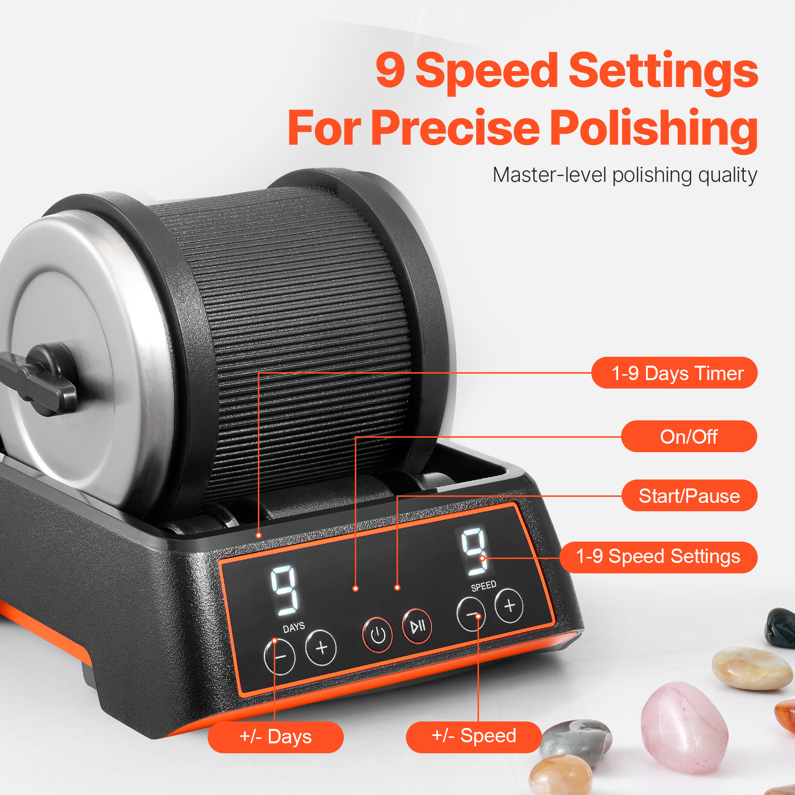 VEVOR Rock Tumbler Machine 4/2.5lbs Rock Polishing Kit 9 Speed 9-Day Timer Steel - Picture 29 of 38