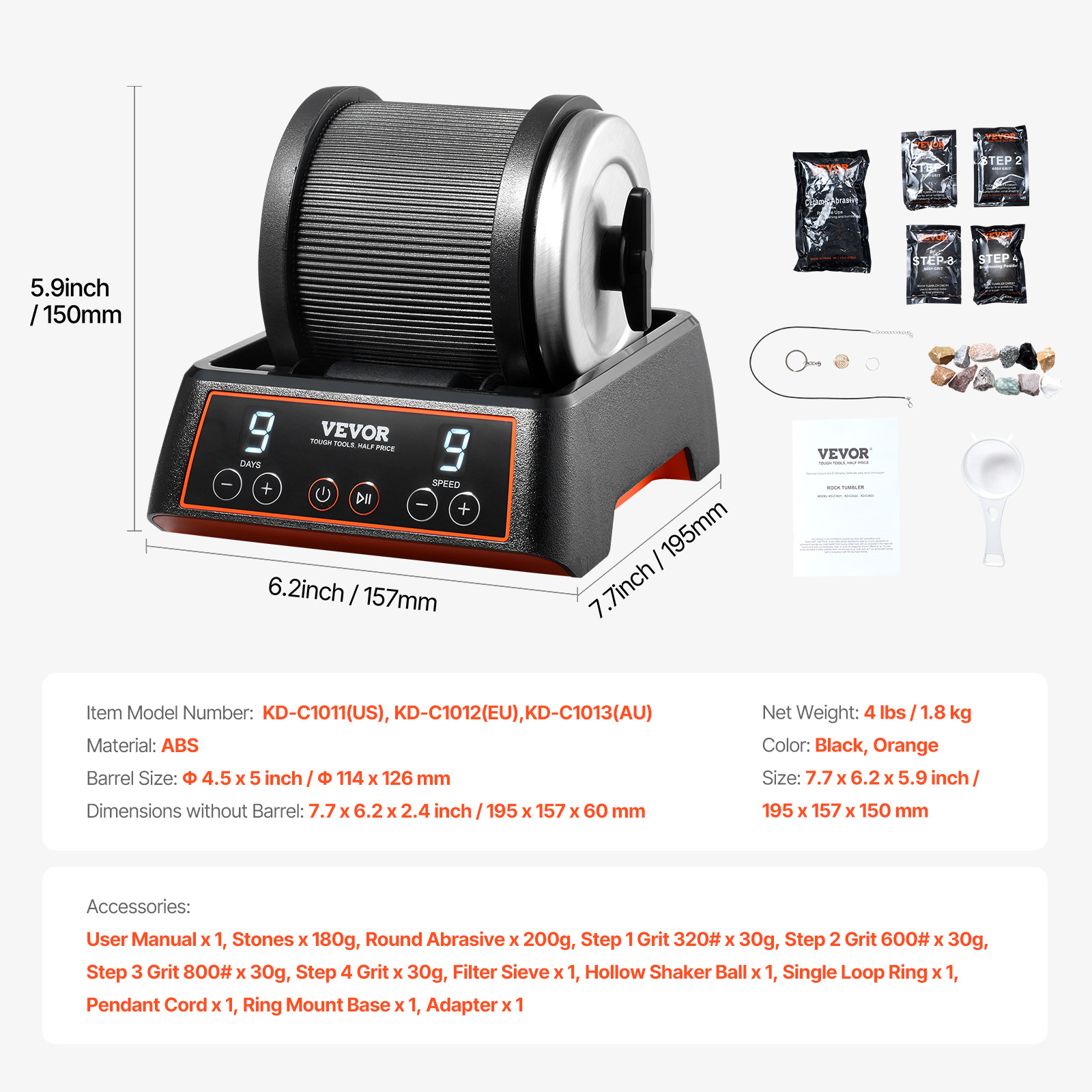 VEVOR Rock Tumbler Machine 4/2.5lbs Rock Polishing Kit 9 Speed 9-Day Timer Steel - Picture 33 of 38