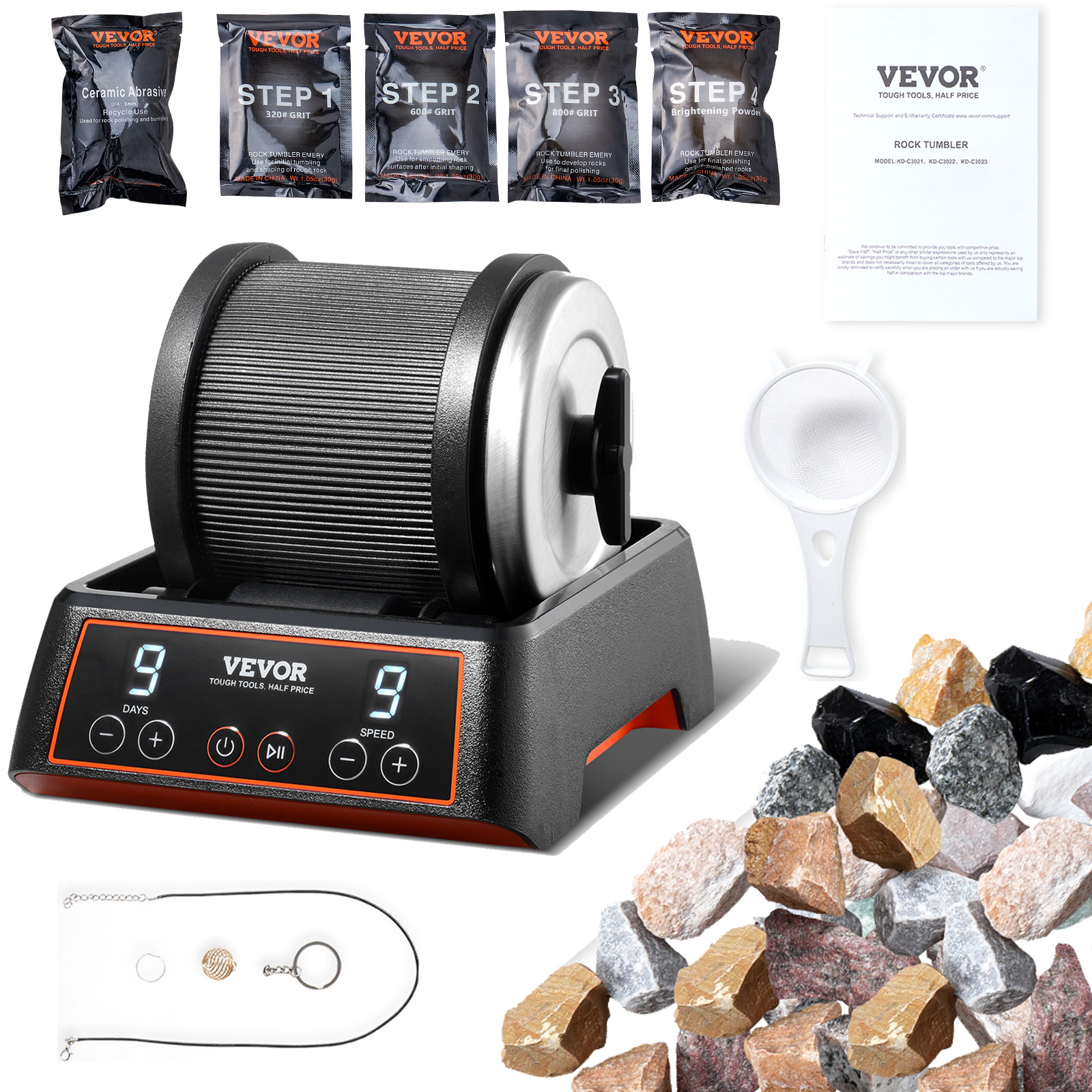 VEVOR Rock Tumbler Machine 4/2.5lbs Rock Polishing Kit 9 Speed 9-Day Timer Steel - Picture 27 of 38