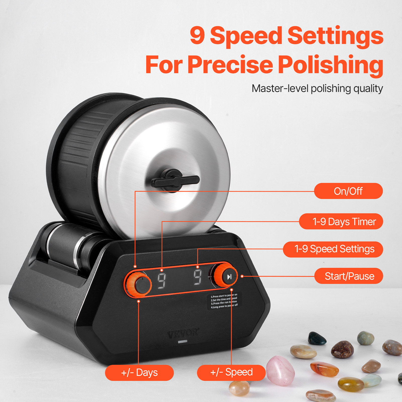 VEVOR Rock Tumbler Machine 4/2.5lbs Rock Polishing Kit 9 Speed 9-Day Timer Steel - Picture 17 of 38