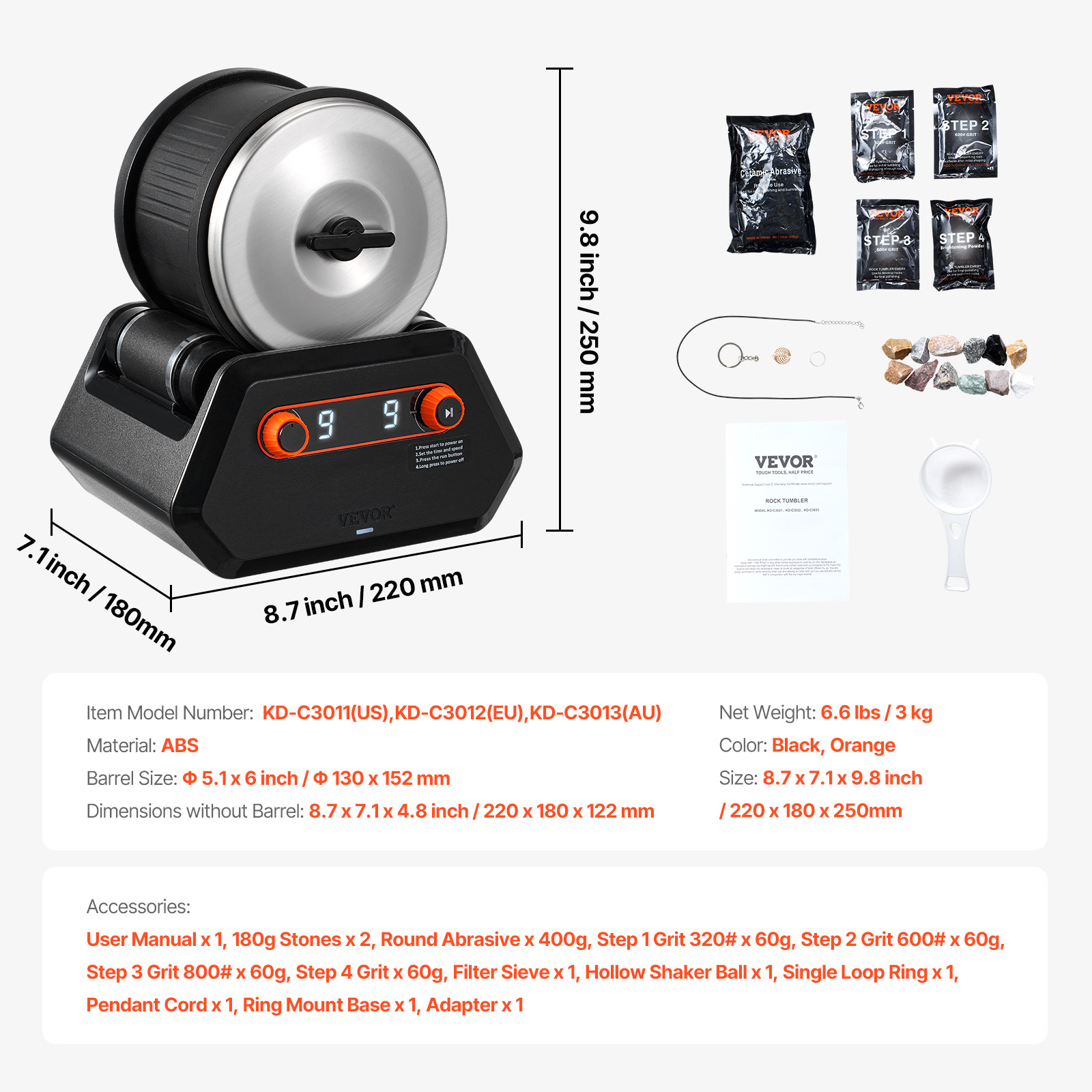 VEVOR Rock Tumbler Machine 4/2.5lbs Rock Polishing Kit 9 Speed 9-Day Timer Steel - Picture 21 of 38