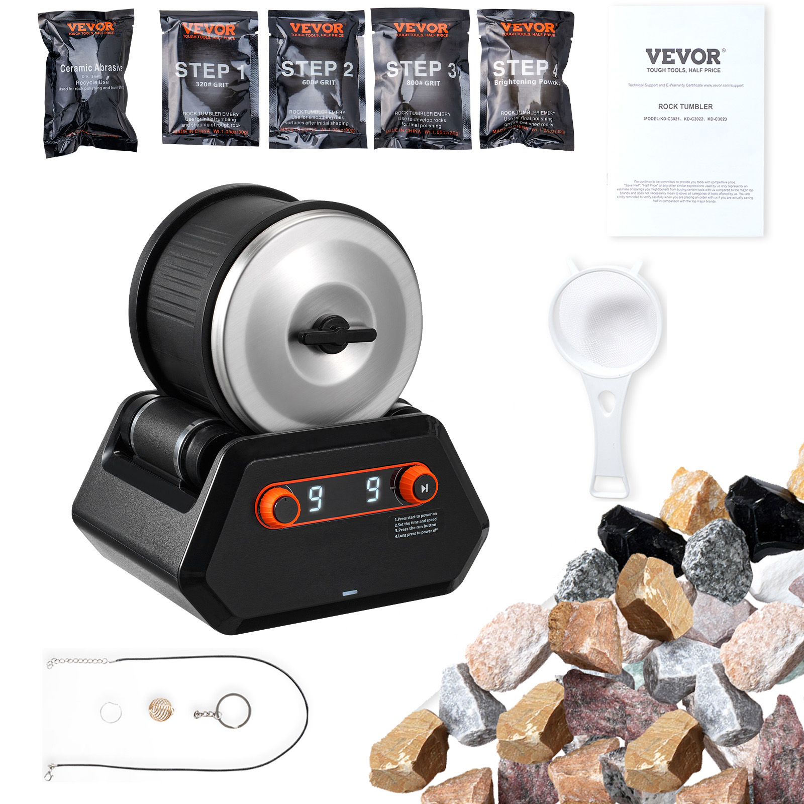 VEVOR Rock Tumbler Machine 4/2.5lbs Rock Polishing Kit 9 Speed 9-Day Timer Steel - Picture 15 of 38