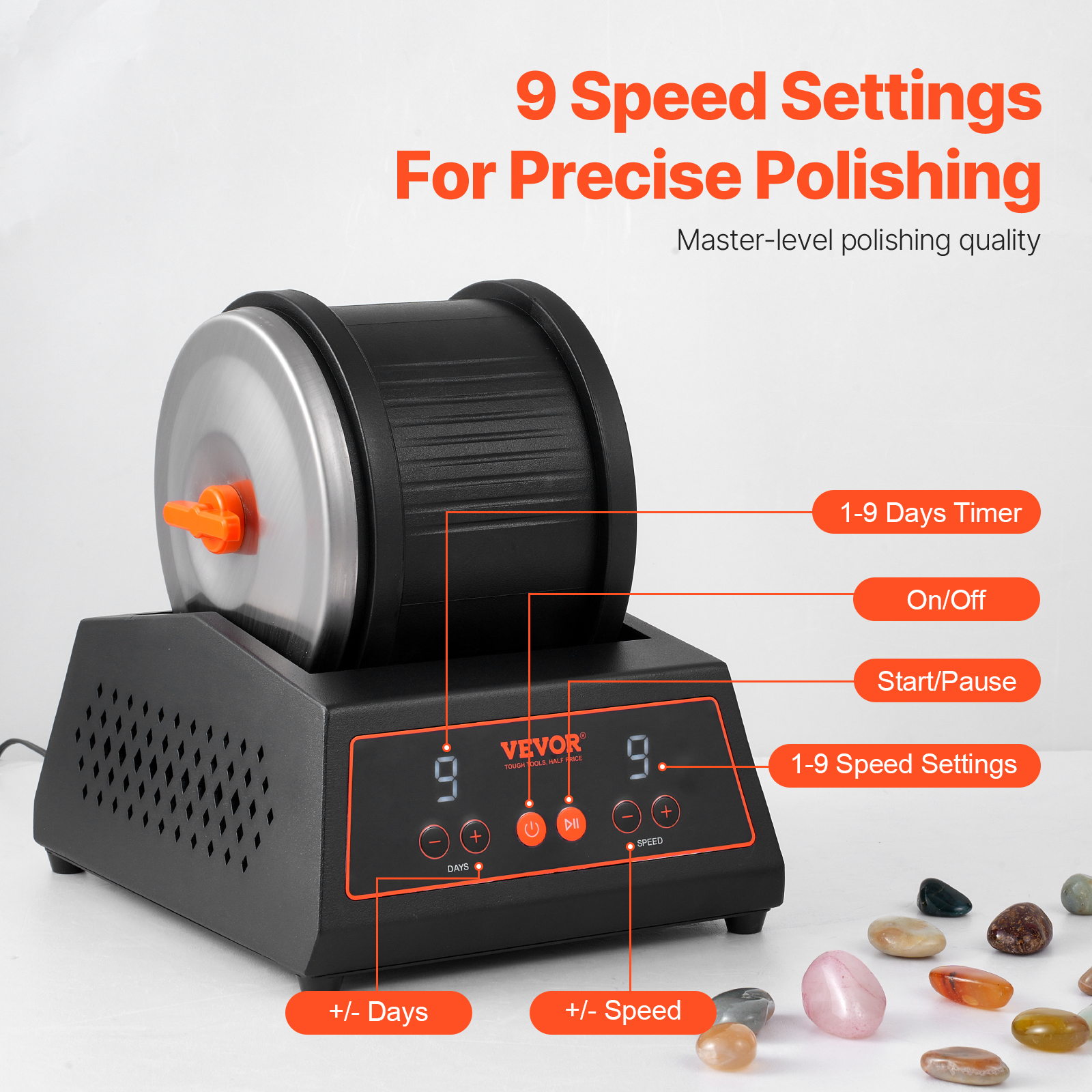 VEVOR Rock Tumbler Machine 4/2.5lbs Rock Polishing Kit 9 Speed 9-Day Timer Steel - Picture 5 of 38