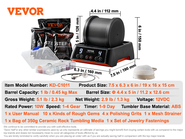 VEVOR Direct Drive Rock Tumbler Kit, 4-Speed/9-Day Timer, Professional Rock  Polisher with Rough Gemstones/Grits/Jewelry Fastenings, Stone Polishing Kit  for Family Fun Time, STEM Gift for Adults Kids