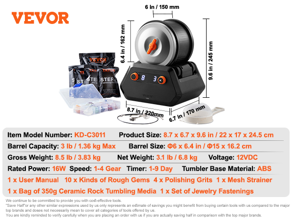 VEVOR 3LB Rock Tumbler Kit, Direct Drive Professional Rock Tumbler