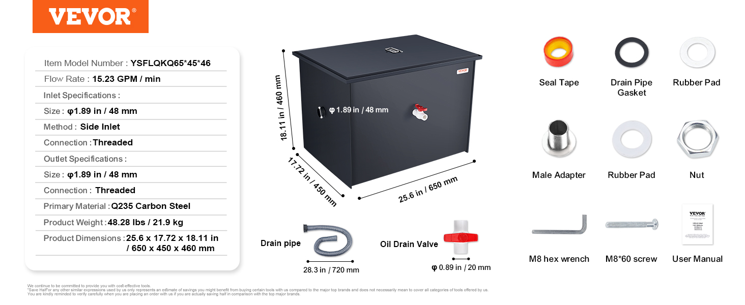 VEVOR 40LBS Commercial Grease Interceptor Trap Carbon Steel Waste Water