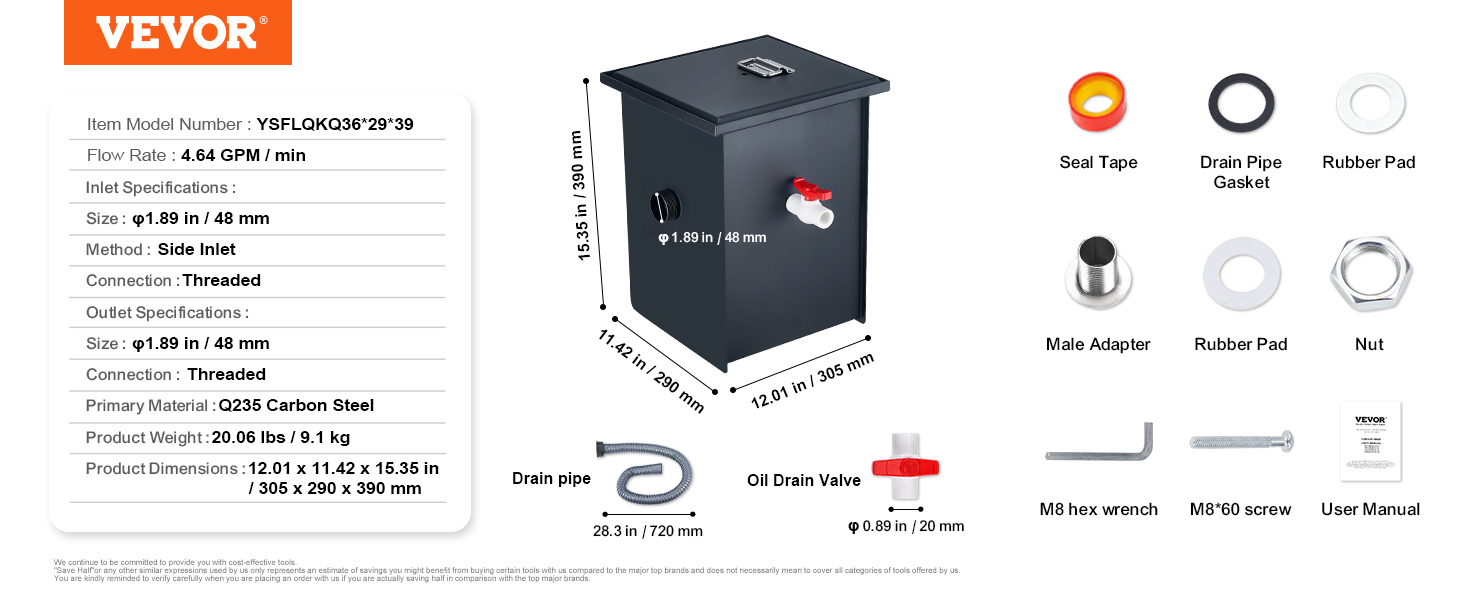 Vevor Commercial Grease Trap Lbs Grease Interceptor Side Inlet