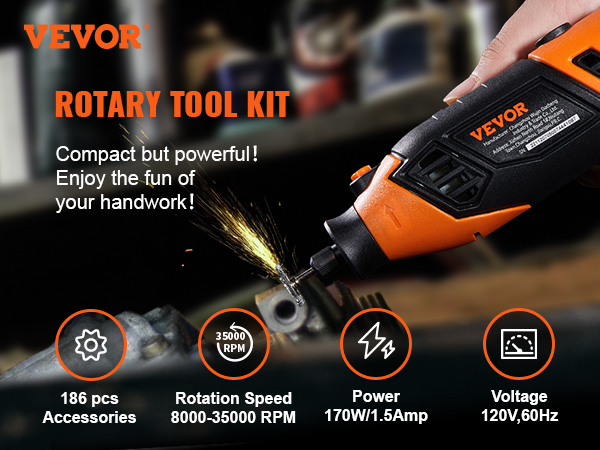 VEVOR Rotary Tool Kit Variable Speed Rotary Tool 170W 5 Speeds 186  Accessories