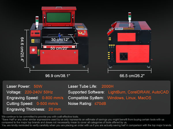 VEVOR Graveur Laser CO2 50 W Machine de Gravure Decoupe Table de Travail  300x500 mm Vitesse Gravure 0-800 mm/s Decoupe 0-500 mm/s Epaisseur de  Gravure
