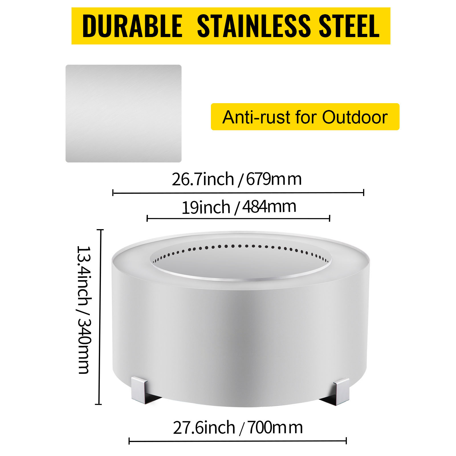 VEVOR Smokeless Fire Pit, Stainless Steel Stove Bonfire, Large 27.6 inch Diameter Wood Burning Fire Pit, Outdoor Stove Bonfire Fire Pit, Portable Smokeless Fire Bowl for Picnic Camping Backyard Silver
