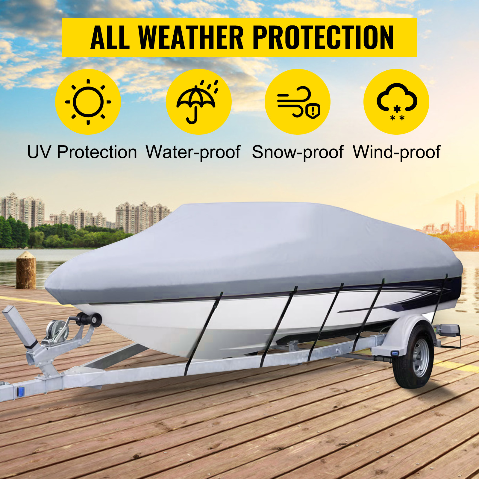 VEVOR Waterproof Boat Cover, 16'-18.5' Trailerable Boat Cover, Beam Width up  to 98 v Hull Cover Heavy Duty 210D Marine Grade Polyester Mooring Cover  for Fits V-Hull Boat with 5 Tightening Straps