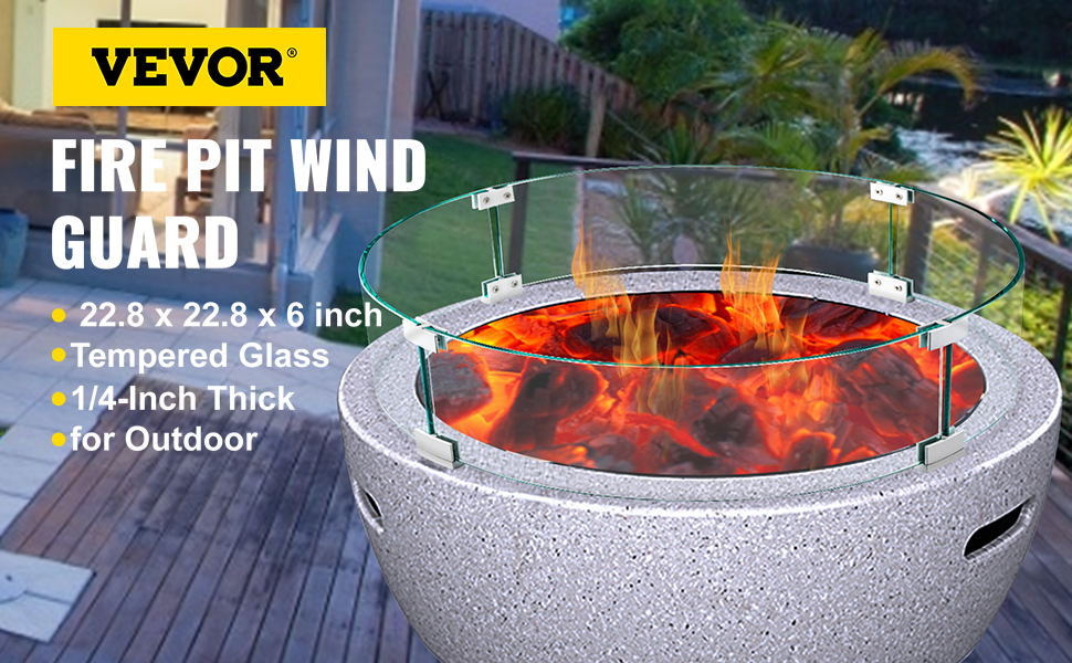VEVOR Fire Pit Wind Guard, Glass Flame Guard, Round Glass Shield, 1/4-Inch Thick Fire Table, Clear Tempered Glass Flame Guard, Aluminum Alloy Feet for Propane, Gas, Outdoor (23 x 23 x 6 Inch)