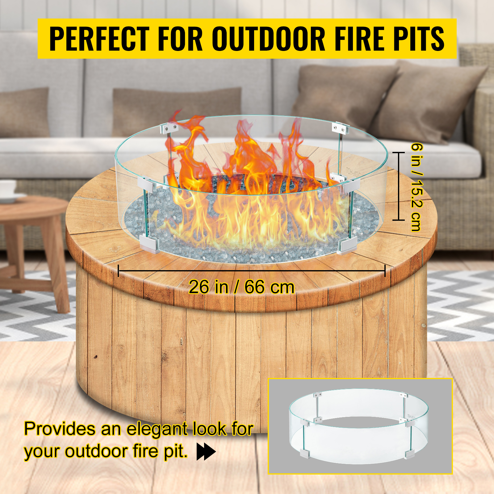 VEVOR Fire Pit Wind Guard, 26 x 26 x 6 Inch Glass Flame Guard, Round Glass Shield, 1/4-Inch Thick Fire Table, Clear Tempered Glass Flame Guard, Aluminum Alloy Feet for Propane, Gas, Outdoor