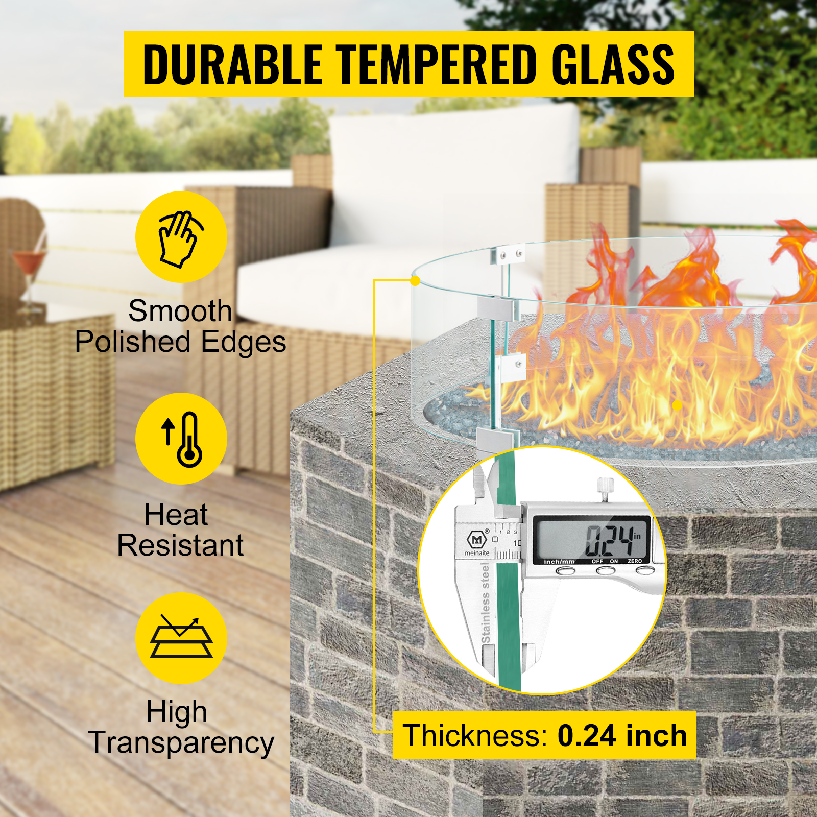 VEVOR Fire Pit Wind Guard, 26 x 26 x 6 Inch Glass Flame Guard, Round Glass Shield, 1/4-Inch Thick Fire Table, Clear Tempered Glass Flame Guard, Aluminum Alloy Feet for Propane, Gas, Outdoor