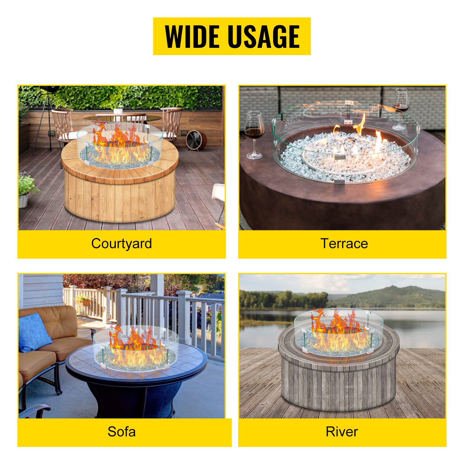 VEVOR Fire Pit Wind Guard, 26 x 26 x 6 Inch Glass Flame Guard, Round Glass Shield, 1/4-Inch Thick Fire Table, Clear Tempered Glass Flame Guard, Aluminum Alloy Feet for Propane, Gas, Outdoor